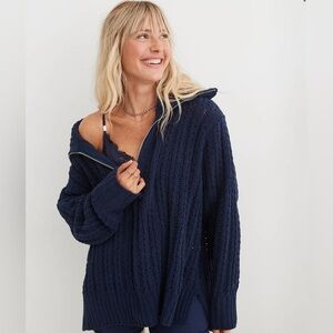 Aerie Cable Car ¼ Zip Sweater Navy Blue Oversized Knit Pullover Size XS NWOT